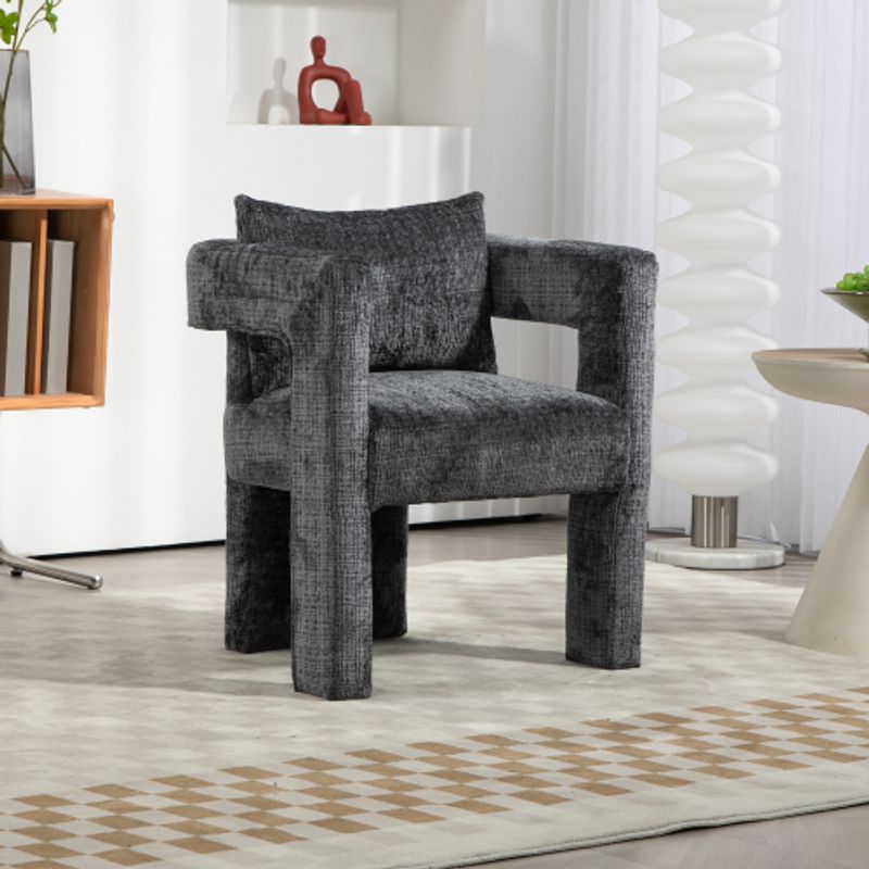 Moderner Chenille-Einzel-Loungesessel, Esszimmerstuhl, Einzigartiges Hohles Armlehnendesign, Bequemes Kissen, Geeignet Für Wohnzimmer, Esszimmer, Schlafzimmer Und Büro (dunkles Himmelsgrau)_voghion.com