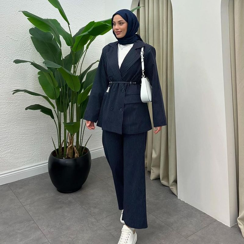 Women's Fashion Striped Office Pants Set - Autumn Trendy Two-Piece Outfit With Contrast Color Design, Comfortable Polyester Fabric_voghion.com
