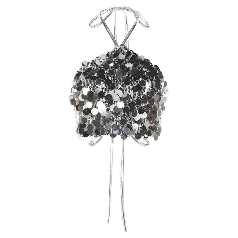 Damkläder mode sexig halter neck rygglös paljettväst för kvinnor sommar_voghion.com