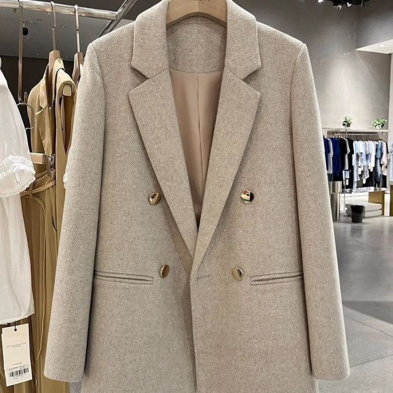 Women's Clothing Beige Metal Button Woolen Suit Jacket For Women New Style Early Spring Style All Match Suit_voghion.com