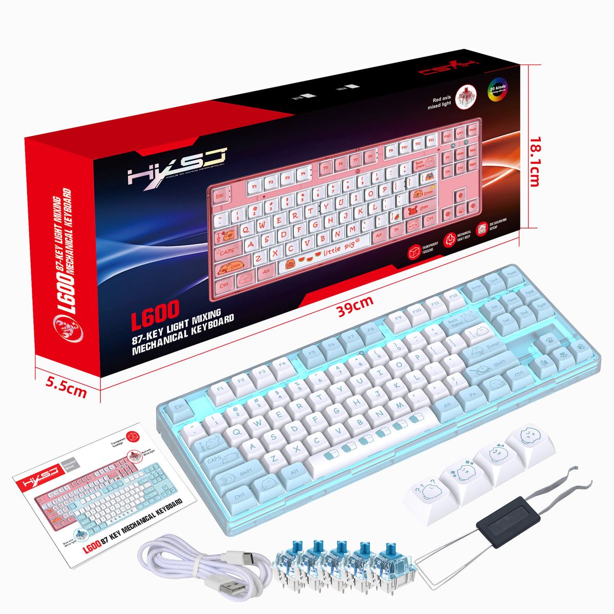 Nowe 87 klawiszy przewodowych mechanicznych z nadrukowanymi postaciami z kreskówek, klawiatura do gier, wiele świateł_voghion.com