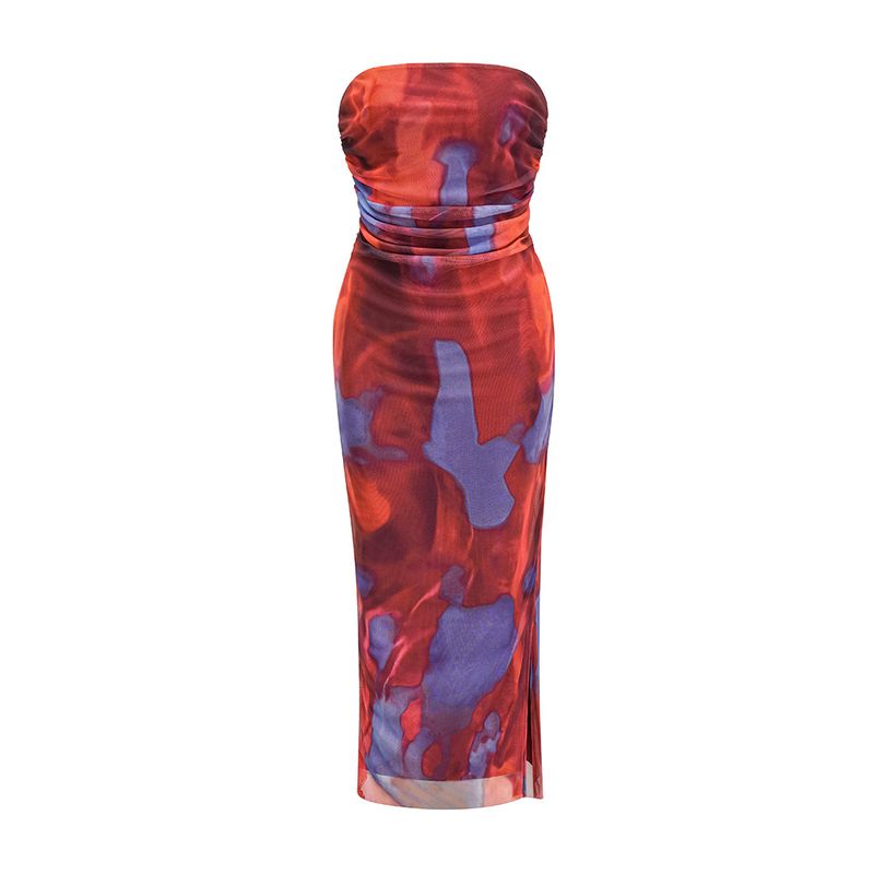 Women’s Clothing Spring And Summer New Arrival Mesh Printed Double Layer Sexy Side Slit Dress_voghion.com
