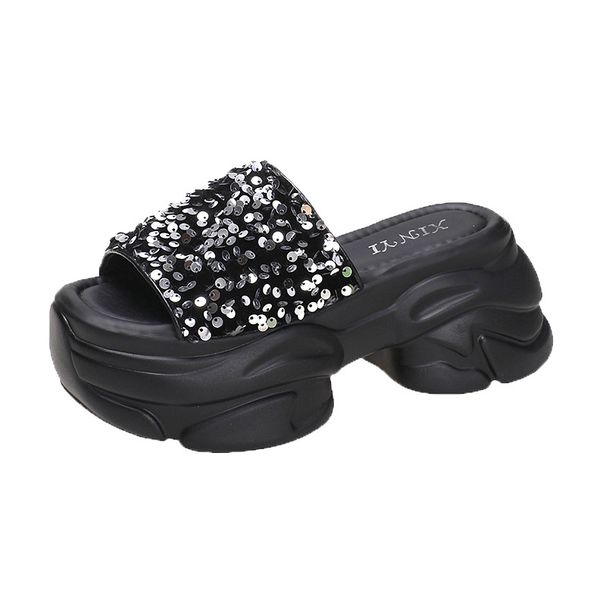 Sandálias femininas de salto alto com lantejoulas e sola grossa colorida, bico redondo, moda verão, para áreas externas_voghion.com