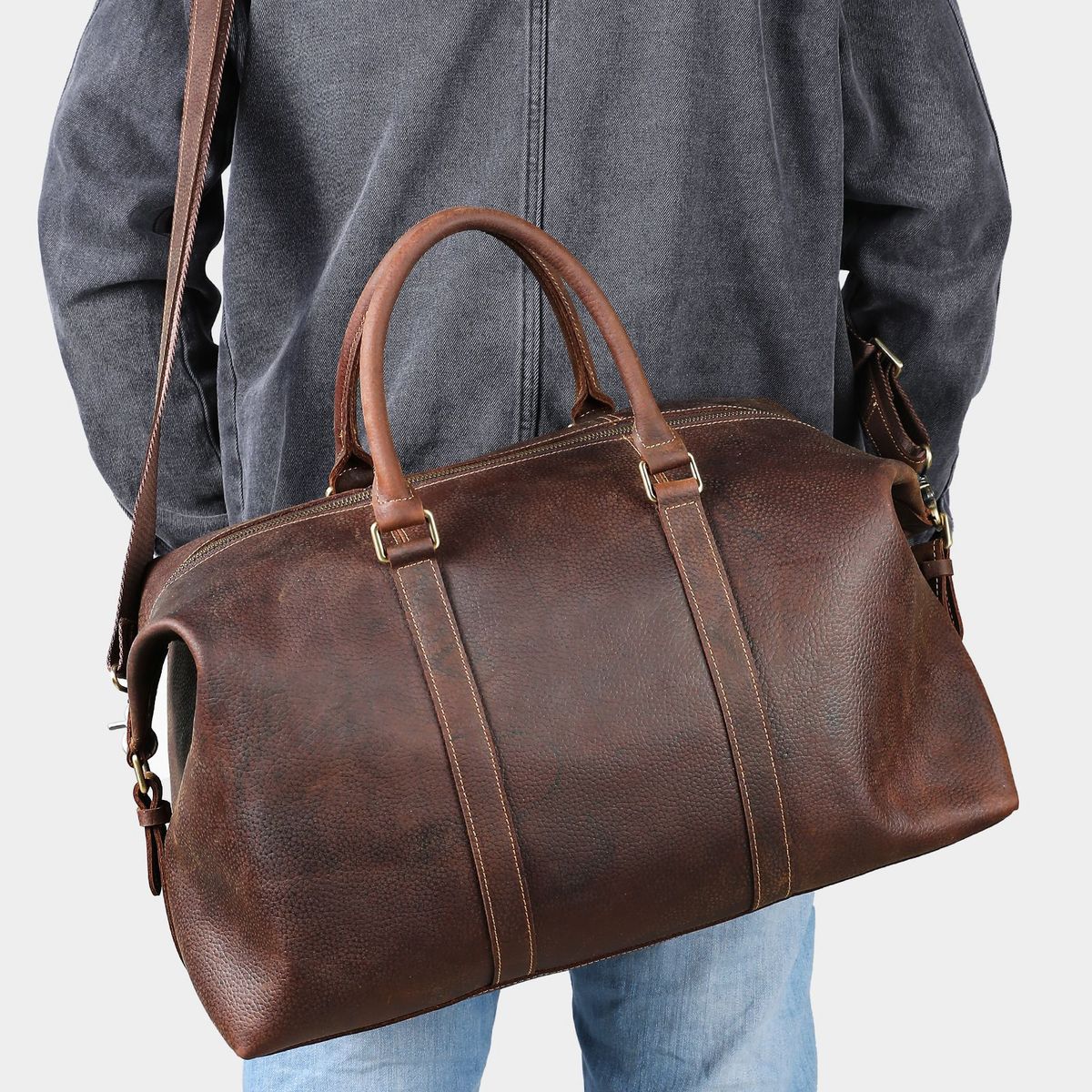 Men's Vintage Genuine Leather Travel Bag, Retro Distressed Leather Duffel Bag With Shoulder Strap Spacious 36-55L Capacity Durable Casual Trips_voghion.com