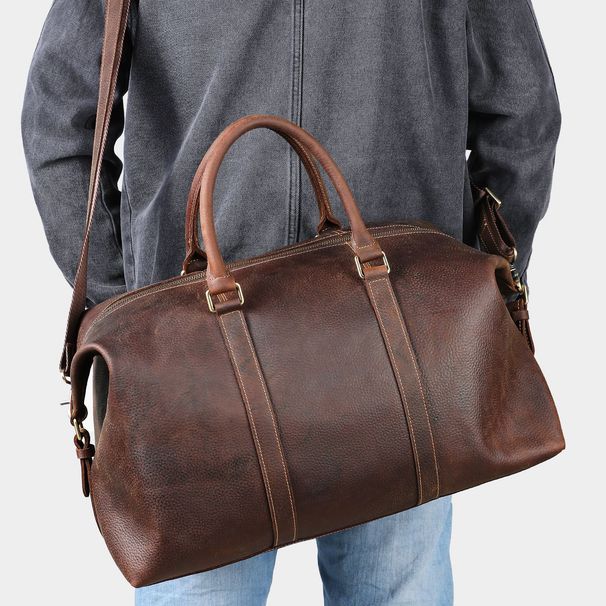 Men's Vintage Genuine Leather Travel Bag, Retro Distressed Leather Duffel Bag With Shoulder Strap Spacious 36-55L Capacity Durable Casual Trips_voghion.com
