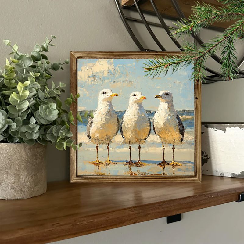 20x20 cm bohemisk träskylt med måsmotiv - kustnära strandmotiv med guldfärgade accenter, rustik väggkonst för badrum/vardagsrum, perfekt present till strandälskare_voghion.com