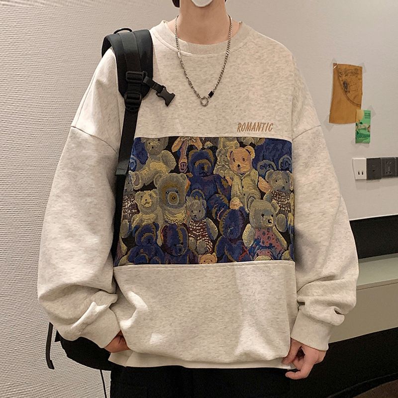 Maglione girocollo largo con orso dei cartoni animati in cotone cinese da uomo_voghion.com