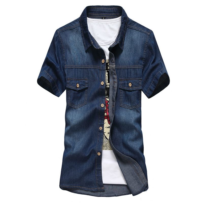 Trade simple denim shirt men's thin summer half sleeve casual shirt men's slim men's shirt short sleeve clothes_voghion.com