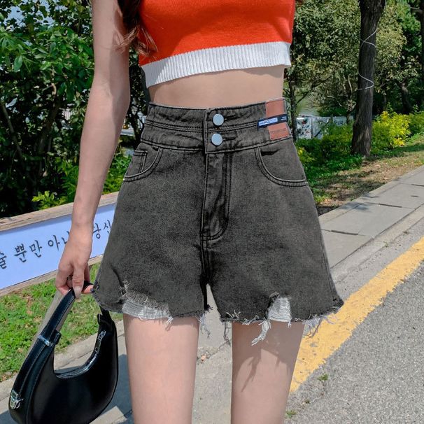 Džínové kraťasy s vysokým pasem a dvojitým zapínáním na knoflíky, dámské kožené kraťasy značky Instagram, s opotřebovaným lemem, které působí příjemně._voghion.com