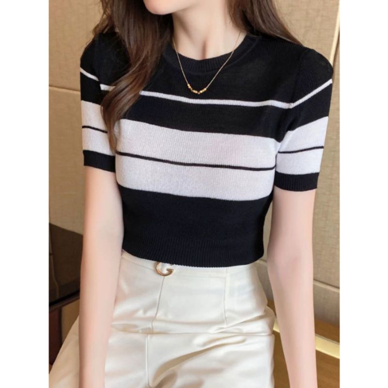 2024 summer new stried t-shirt women's short sleeved design sense niche light mature versatile thin ice silk knitted_voghion.com
