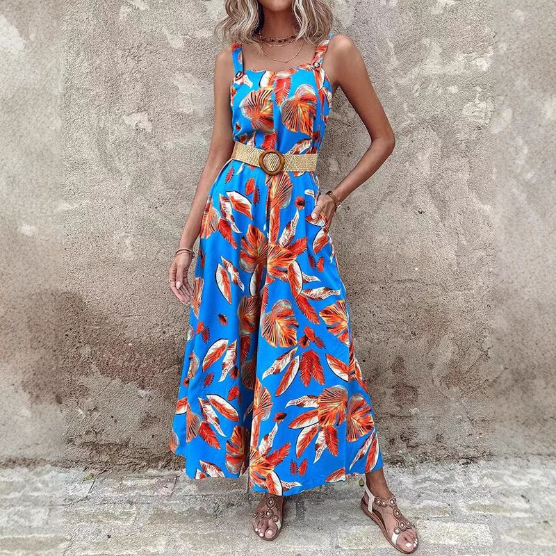 Summer New Printed Waist Strap Resort Beach Jumpsuit With Belt_voghion.com
