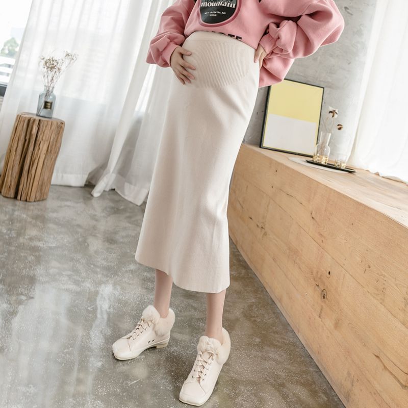 Film maternity bust fall pregnant women mother fashion knitting wool long boom in abdominal split package hip skirt_voghion.com