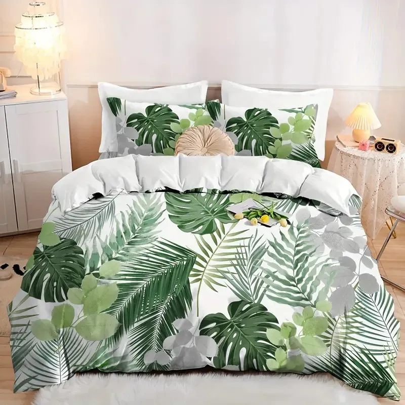 Soft Fiber Fresh Duvet Cover Quilt Cover Green Leaf Print Bedding Set Soft And Comfortable For Bedroom_voghion.com