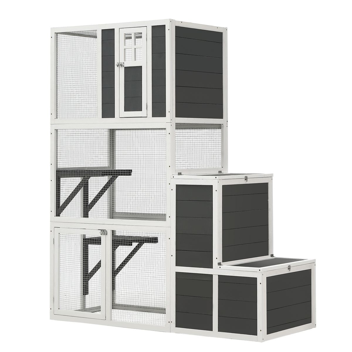 3-Tier Wooden Outdoor & Indoor Cat House Suitable For 1-3 Cats Cat Enclosure Resting Box With 4 Platforms And 2 Doors Cat Shelter Kitty House With A Jump Box For Hiding And Resting Cat Cage 71"H-Gray_voghion.com