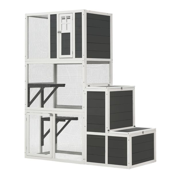 3-Tier Wooden Outdoor & Indoor Cat House Suitable For 1-3 Cats Cat Enclosure Resting Box With 4 Platforms And 2 Doors Cat Shelter Kitty House With A Jump Box For Hiding And Resting Cat Cage 71"H-Gray_voghion.com