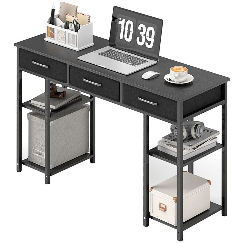 HOMCOM 47' Small Computer Desk, Writing Desk With Fabric Drawers, Home Office Desk With Adjustable Shelves, Black_voghion.com