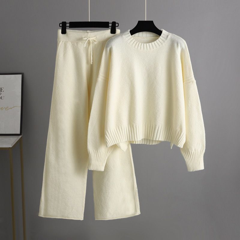 Women's fashion casual knit suit pants loose sweater wide leg trousers long pants two-piece set_voghion.com