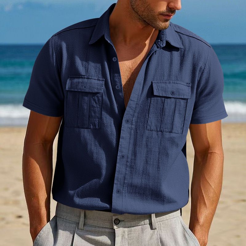 Men's Summer American Loose Beach Breathable Casual Linen Multi Pocket Buttoned Workwear Short Sleeved Shirt_voghion.com