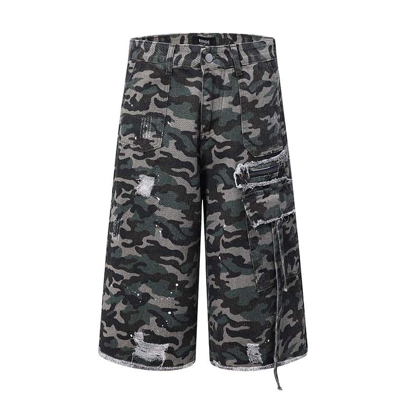 Abbigliamento da uomo alla moda, con buchi consumati, bordi grezzi, design di nicchia, mimetico, pantaloncini da lavoro, pantaloni larghi da uomo, alla moda e funzionali_voghion.com