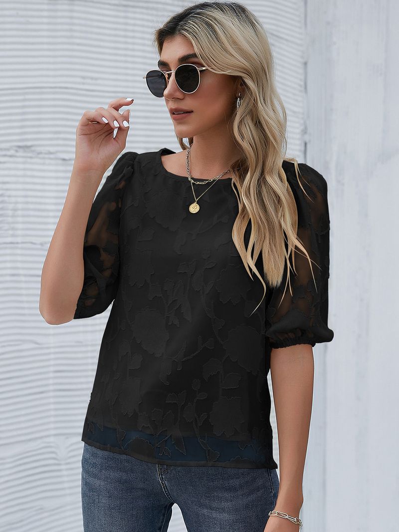 Damen-Pullover, Chiffon, Pfingstrosen-Blasenärmel, lockerer Pendler-Stil_voghion.com