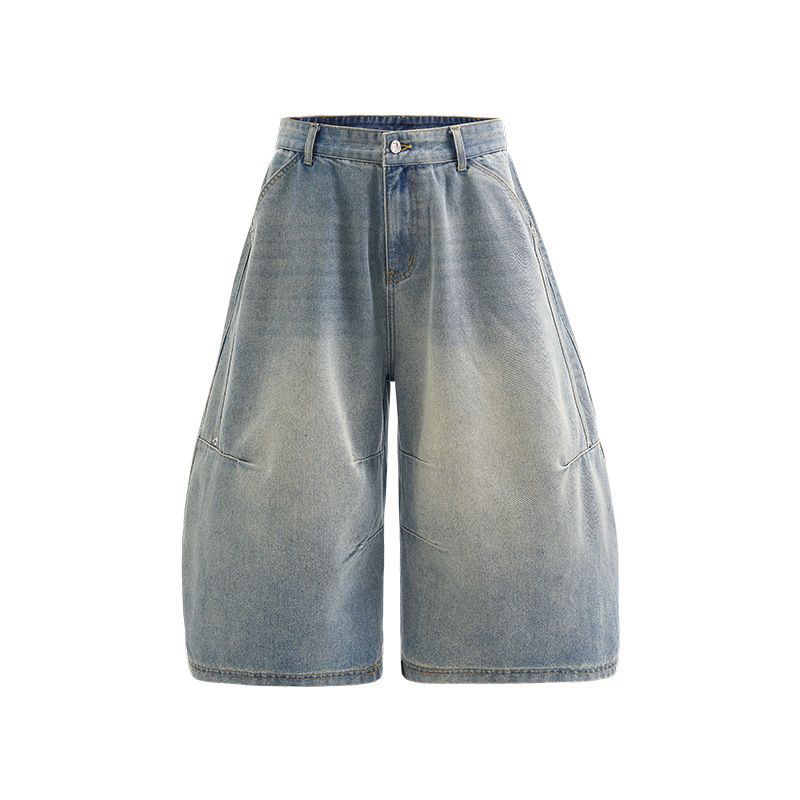 Pantaloncini in denim vintage lavato da uomo - Jeans cargo 7/10 dalla vestibilità comoda | Streetwear effetto used | Misto cotone (azzurro chiaro, indaco grezzo)_voghion.com