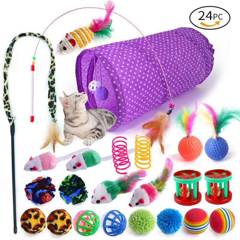 Pet Cat Toy Bell Ball Feather Teasing Cat Stick Plush Mouse Spring Cat Tunnel 24 Piece Set_voghion.com