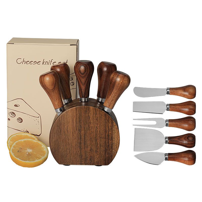 Solid Standable Handle And Fork Butter Acacia Wood Base Cheese Knife Set 6-Piece Gift Box_voghion.com