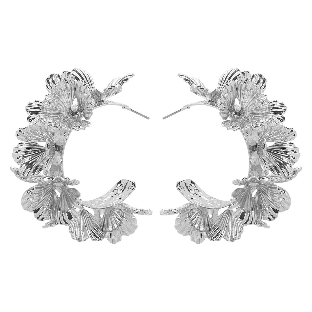 E12887 Orecchini a forma di C in metallo di lusso con luce a forma di fiore impilato 3D di qualità esagerata_voghion.com