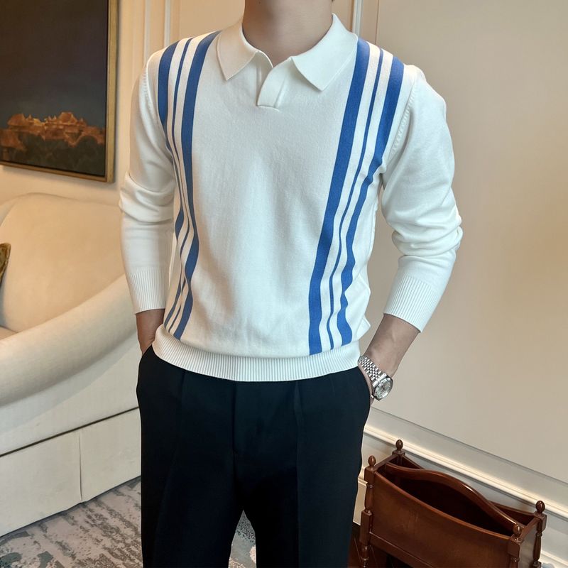 Suéter tipo polo de punto para hombre: jersey de manga larga con cuello en V y textura a rayas._voghion.com