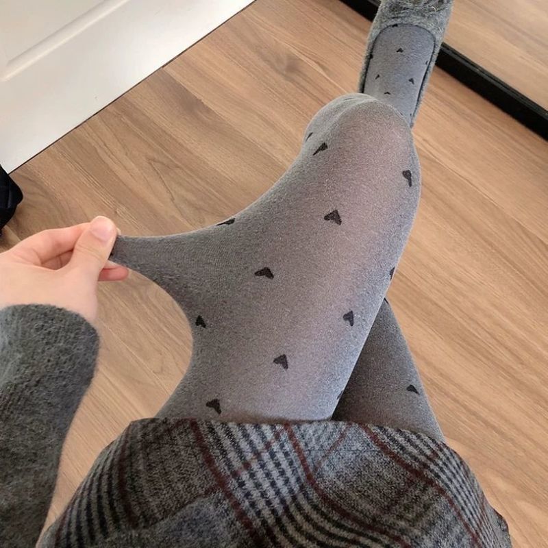 Women's Socks Velvet Tights With Embossed Patterns – Grey Heart/Dot Lace Leggings (One Size, 120D)_voghion.com