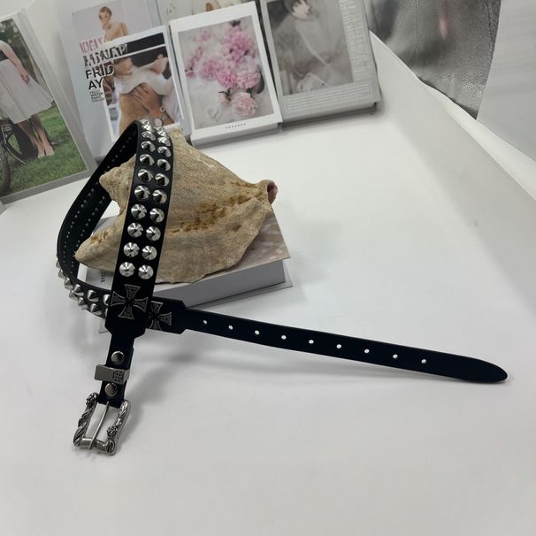 ERD Melancholic Rich Second Generation Rose Flower Belt Punk Rock Rivet White Copper Style Cowhide_voghion.com