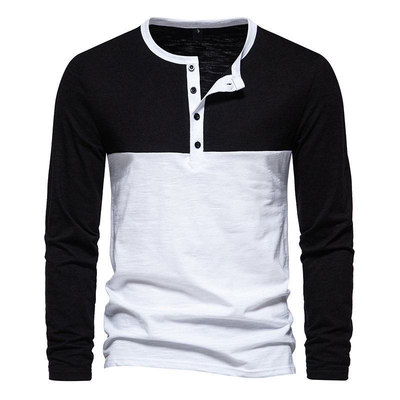  autunno e inverno nuova T-shirt a maniche lunghe da uomo strato base color block a quattro bottoni con colletto Henry T-shirt a maniche lunghe da uomo_voghion.com