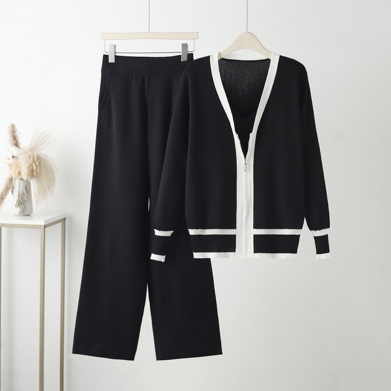 Damenbekleidung Gestrickter neuer dreiteiliger Anzug Modeanzug Strickjacke lose Hosenträger schlanke Hose mit weitem Bein Herbst Frauen_voghion.com