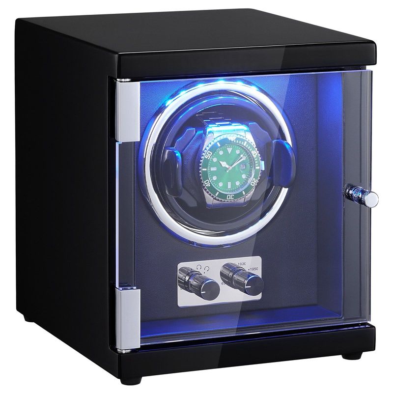 VEVOR Watch Winder, Single Watch Winder For Men's And Women's Automatic Watch, With Super Quiet Japanese Mabuchi Motor, Blue LED Light And Adapter, High-Density Board Shell And Black PU_voghion.com