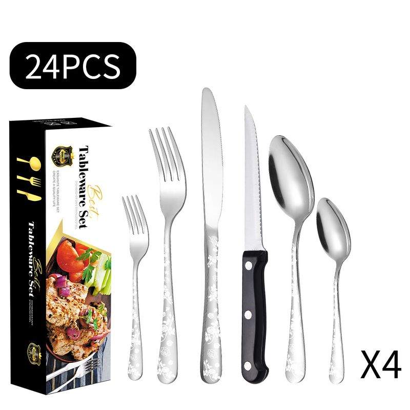 Set di posate in acciaio inossidabile con motivi, coltello da bistecca occidentale, forchetta e cucchiaio, 24 pezzi_voghion.com