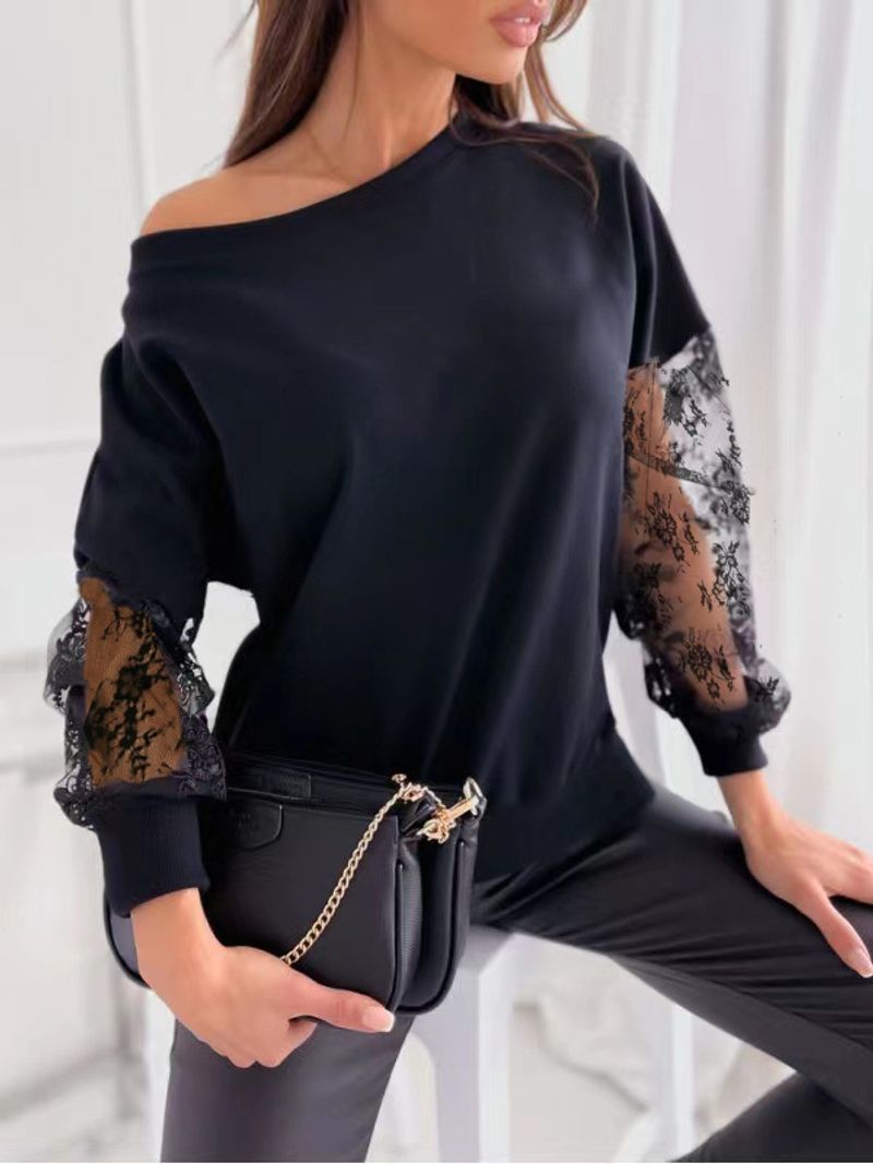 Women's Clothing spring and summer solid color lace splicing long sleeved T shirt_voghion.com