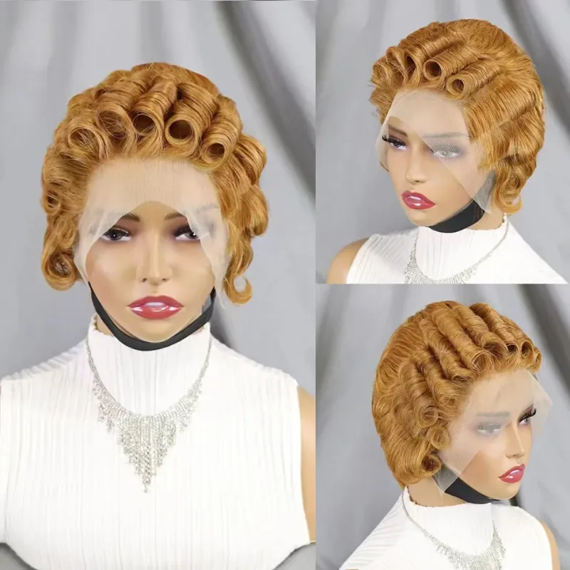Billige Pixie Cut Paryk Kort Krøllet Ægte Hår Parykker med Lace Front til Sorte Kvinder Brasiliansk Fingerbølge 13x4 Transparent Lace Parykker Udsalg_voghion.com