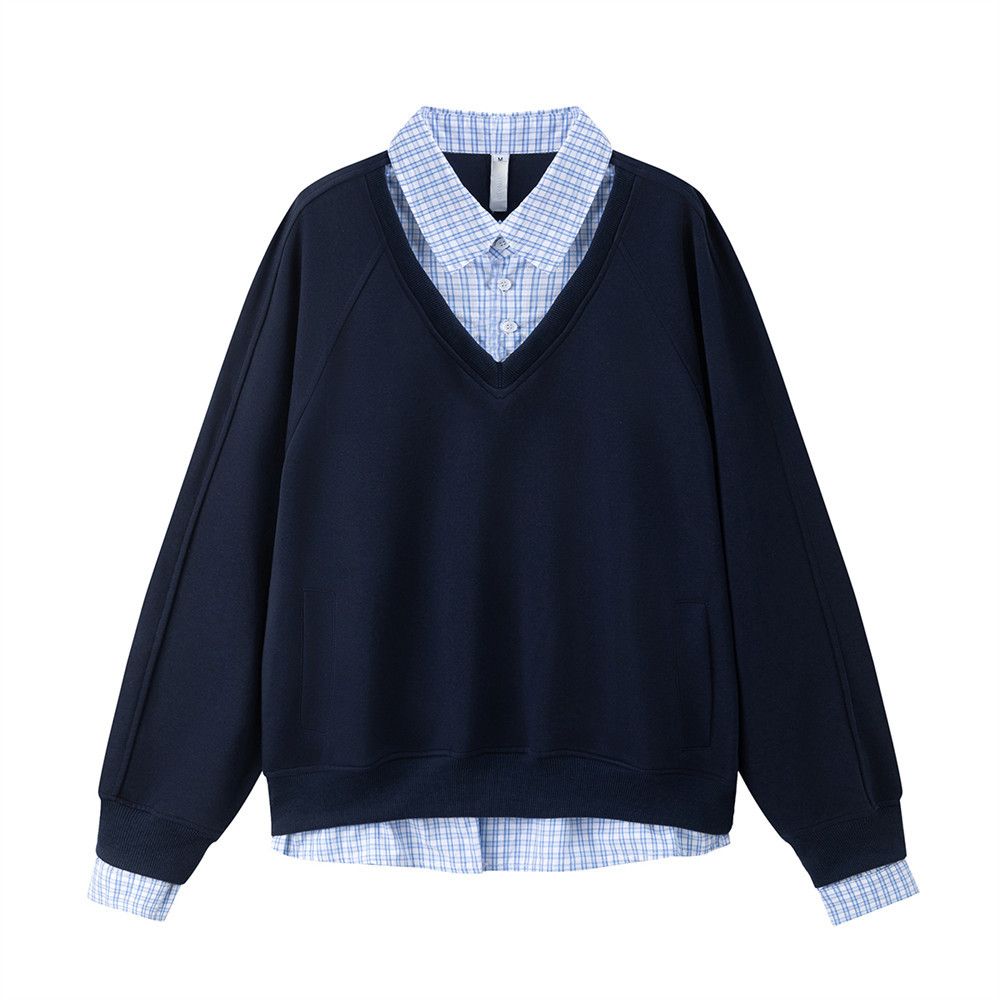 Zweiteiliger Color Block Plaid V-Ausschnitt Sweatshirt Nischendesign Frühling und Herbst Trendy Herren Umlegekragen Pullover_voghion.com