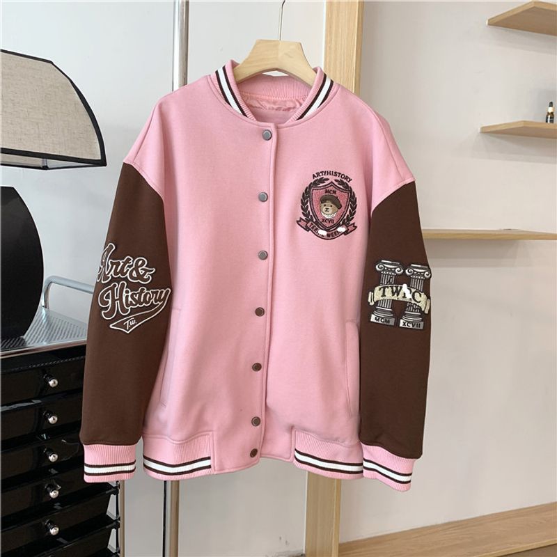 New Women's College Style Embroidery Casual Loose Knitted Baseball Jacket_voghion.com