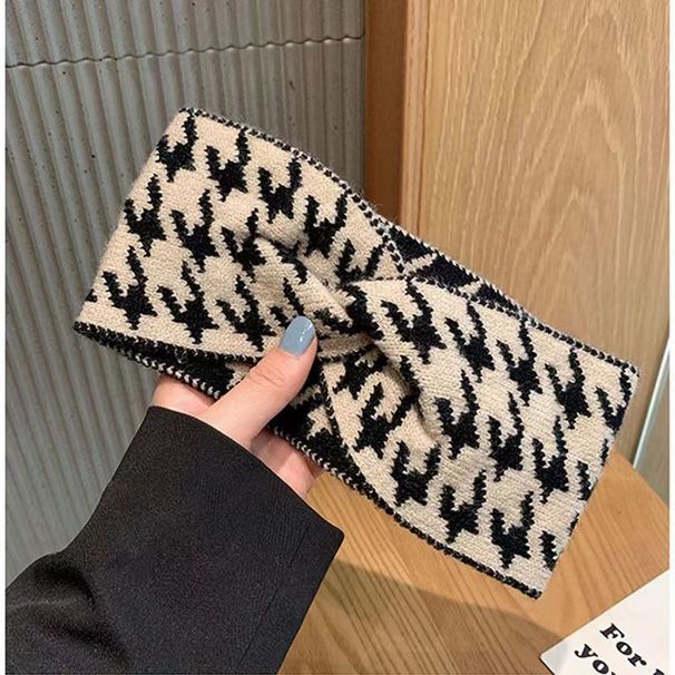 Uusi ins retro houndstooth neulottu villainen hiuspanta syksyn ja talven leveäreunainen urheilullinen hiuspanta mustavalkoinen hiusasusteet naisille_voghion.com