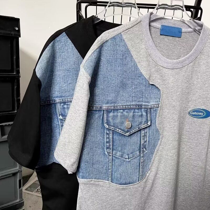 T-shirt à manches courtes pour homme, design patchwork en denim rétro, version été, ample, décontracté, polyvalent_voghion.com