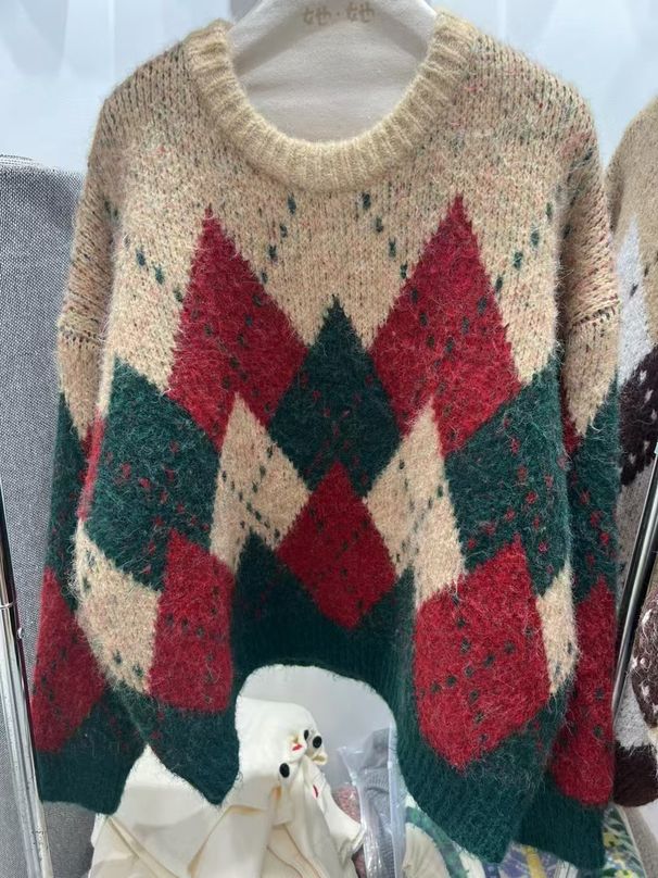 Cozy Fair Isle Knit Sweater For Women – Vintage-Inspired Oversized Pullover With Diamond Pattern In Soft Alpaca Wool Blend_voghion.com