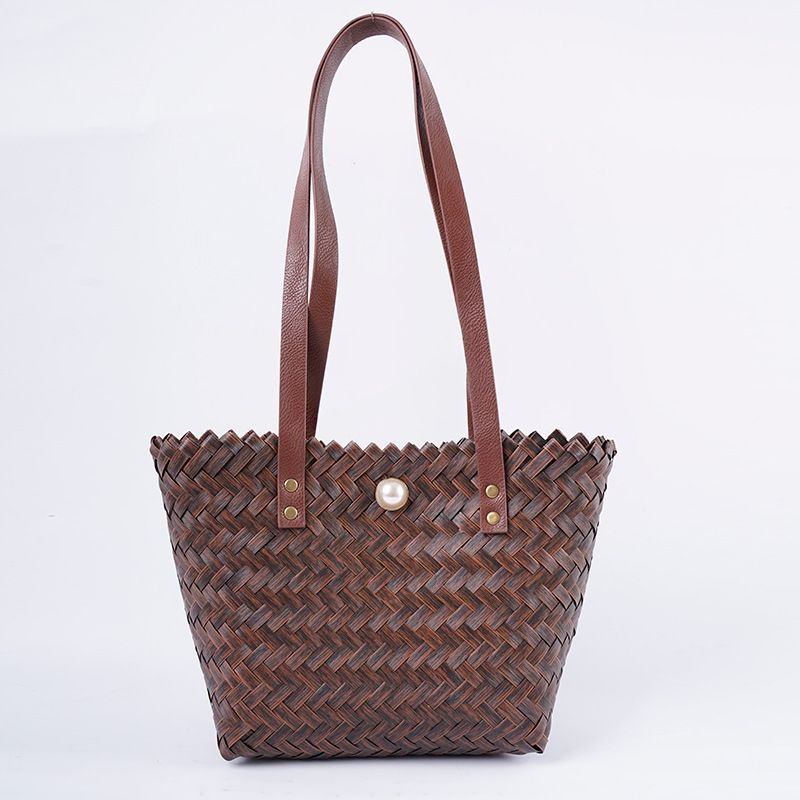 New With Bamboo Handle Strap Brown Handbag Six Colors Diagonal Woven Basket Bag_voghion.com