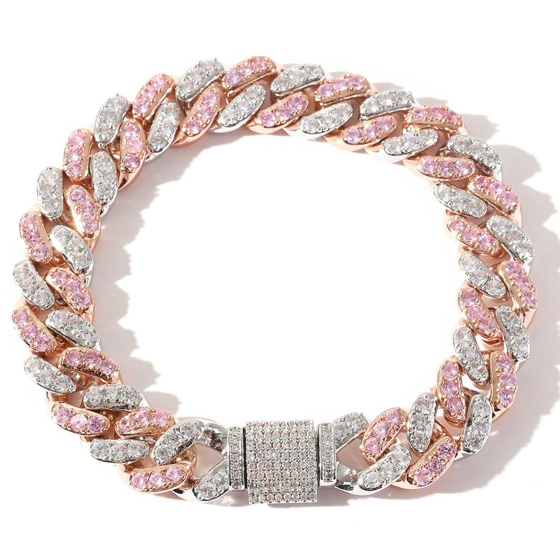 12mm Micro Paved Pink White Zircon Cuban Chain Bracelet Hip Hop Accessories_voghion.com