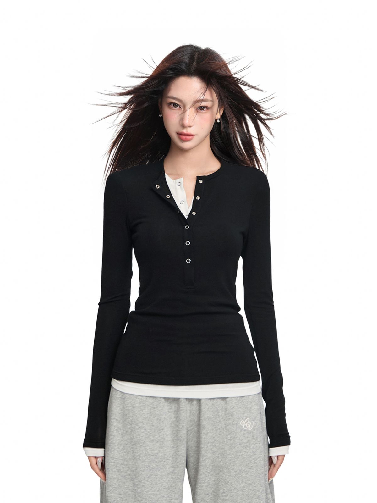 American Style Henry Collar Black Two-Piece Long Sleeve T-Shirt For Women, Autumn And Winter Design Inner Layer_voghion.com