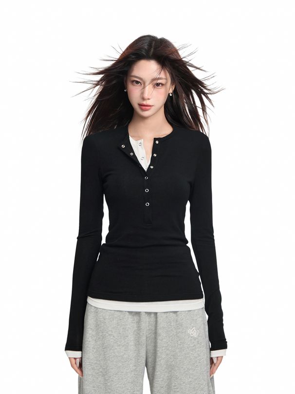 American Style Henry Collar Black Two-Piece Long Sleeve T-Shirt For Women, Autumn And Winter Design Inner Layer_voghion.com