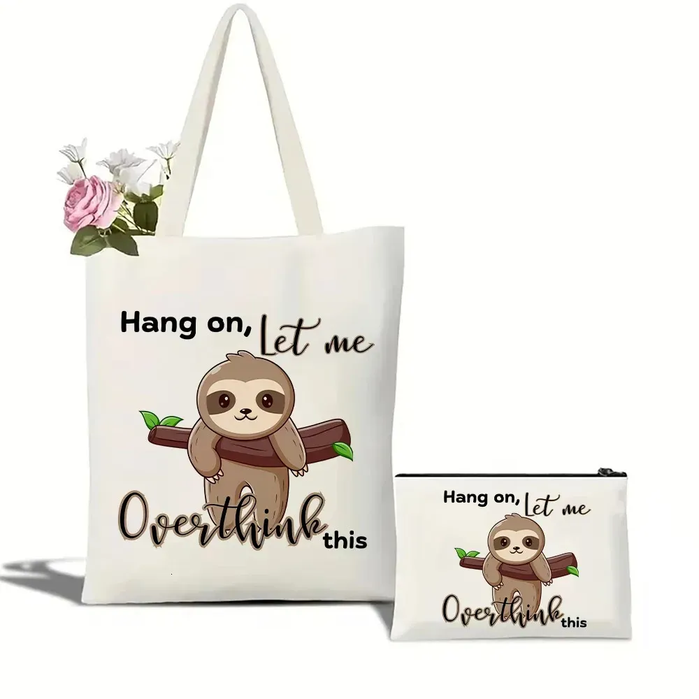 Fun Sloth Pattern Tote Canvas Travel Daily Commute Womens Reusable Shopping Trendy Folding Shoulder Bag 250509_voghion.com