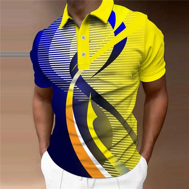 Polo a maniche corte con stampa geometrica 3D a maniche corte abbigliamento casual da uomo da ufficio_voghion.com