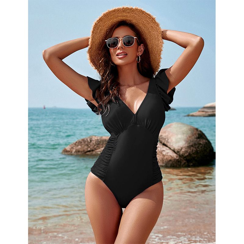 Gershny 2023 new swimsuit One-piece swimsuit plain sexy V-neck ruffle belly covering swimsuit_voghion.com