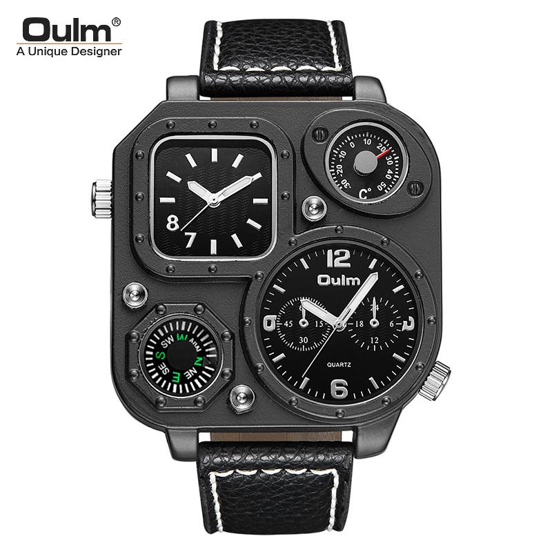 Men's Stylish Square Analog Quartz Watch With Compass, Dual Time Zone, Large Dial, And Leather Strap Dial Dual Time Zone Belt Square Watch_voghion.com